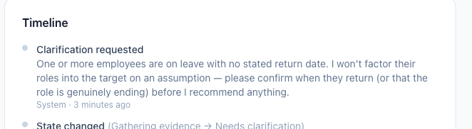 Timeline entry: Clarification requested — one or more employees are on leave with no stated return date